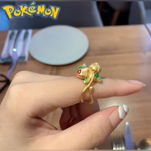 18K Gold Pokemon Bulbasaur Wrap Around Vines Open Adjustable Size Ring - Picture 3 of 4